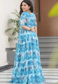 Digital Printed Georgette Tiered Gown in Sky Blue