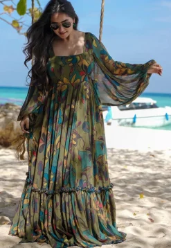 Digital Printed Georgette Gown in Olive Green