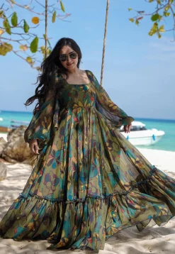 Digital Printed Georgette Gown in Olive Green