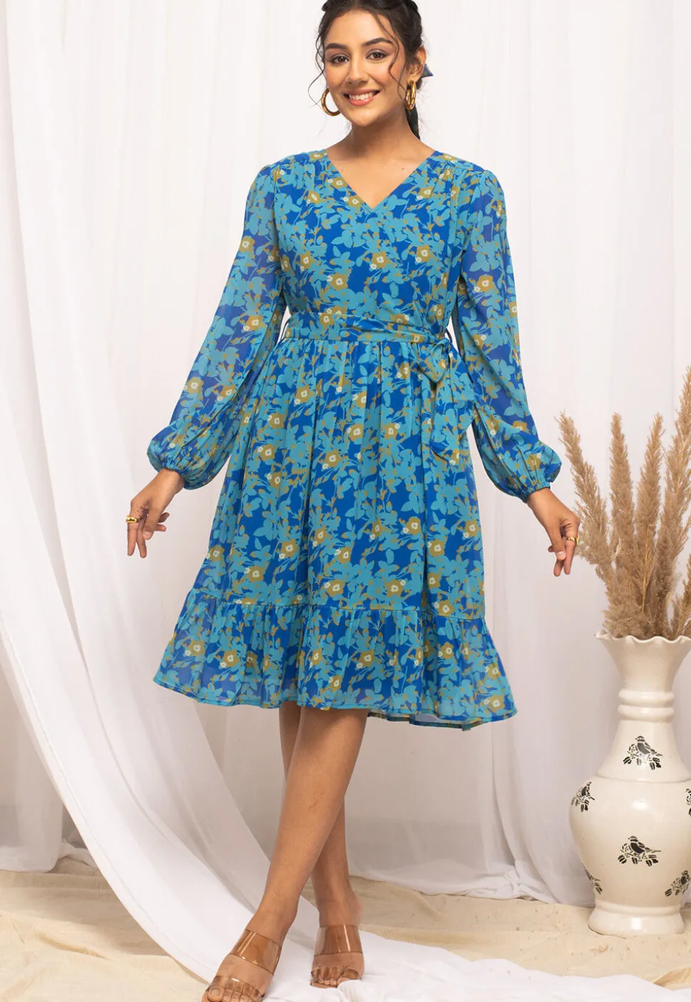 Digital Printed Georgette Short Dress in Blue