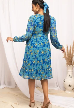 Digital Printed Georgette Short Dress in Blue