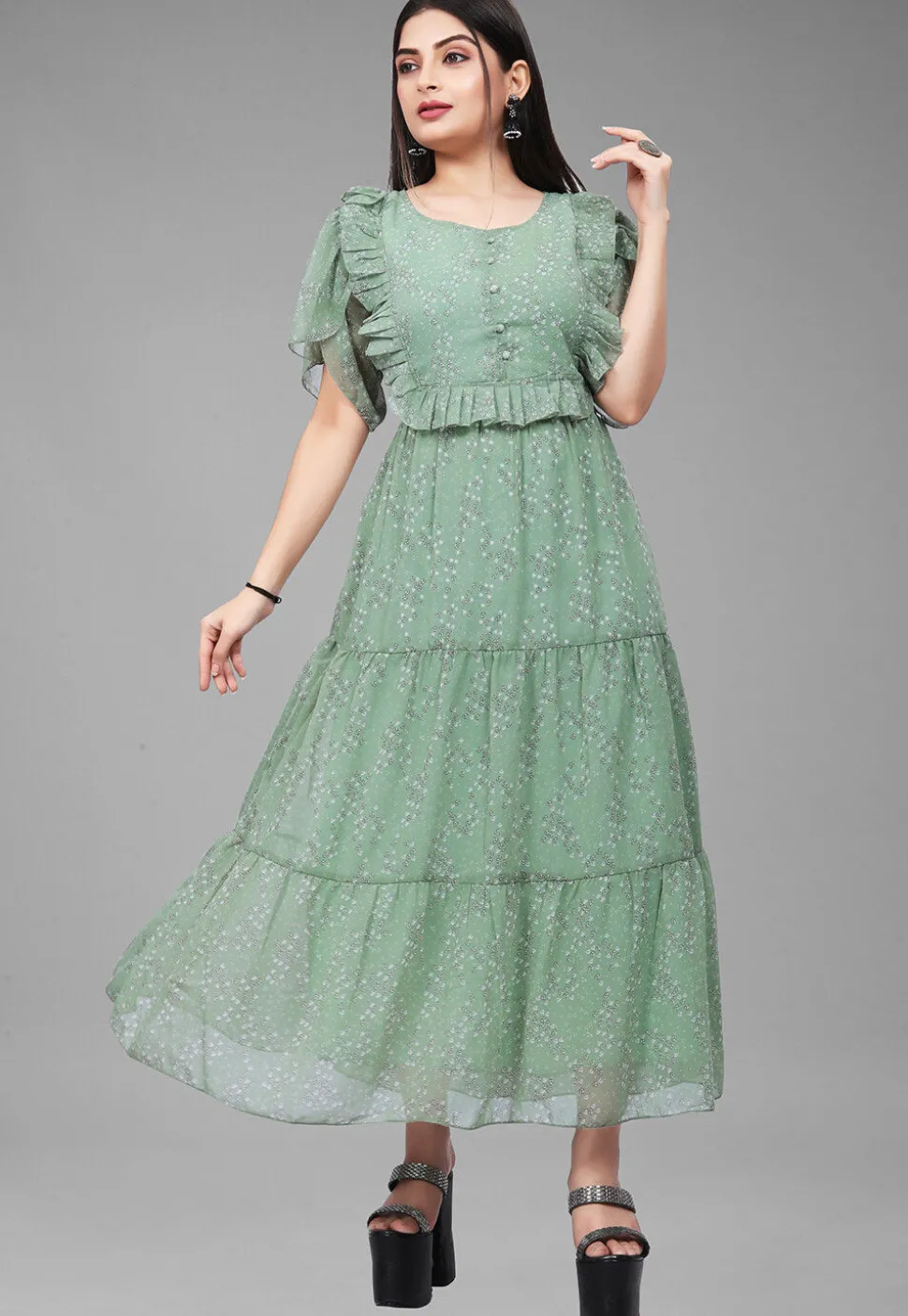 Digital Printed Georgette Maxi Dress in Dusty Green
