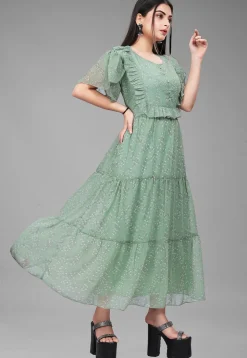 Digital Printed Georgette Maxi Dress in Dusty Green