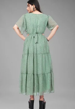 Digital Printed Georgette Maxi Dress in Dusty Green