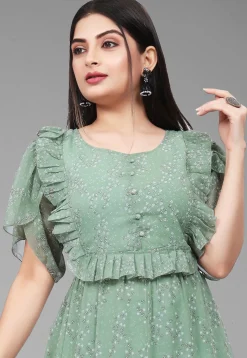 Digital Printed Georgette Maxi Dress in Dusty Green