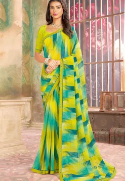 Digital Printed Georgette Saree in Light Green