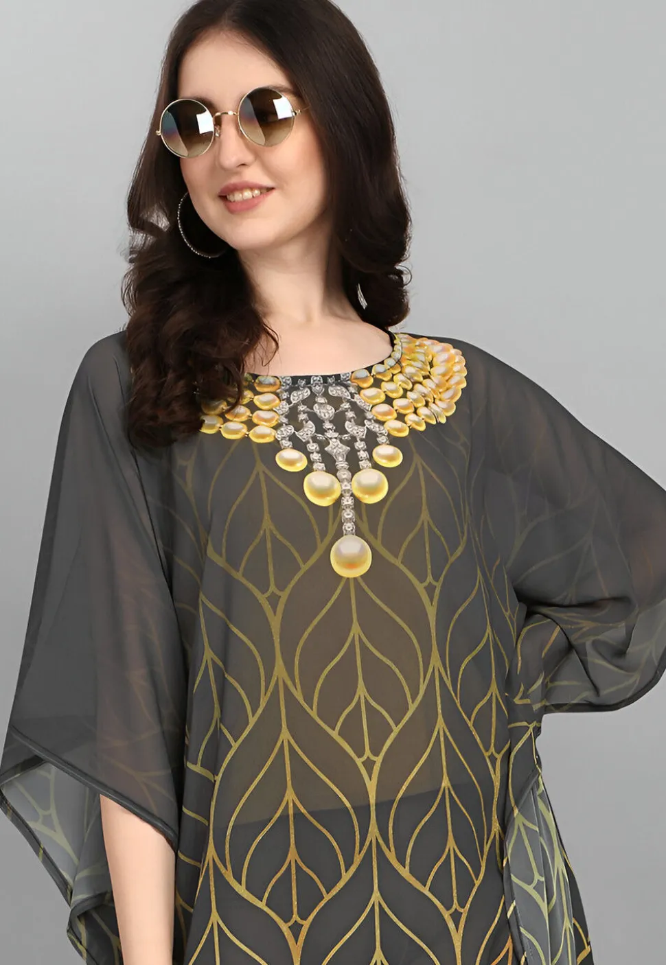 Digital Printed Georgette Kaftan in Grey