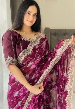 Digital Printed Georgette Scalloped Saree in Purple