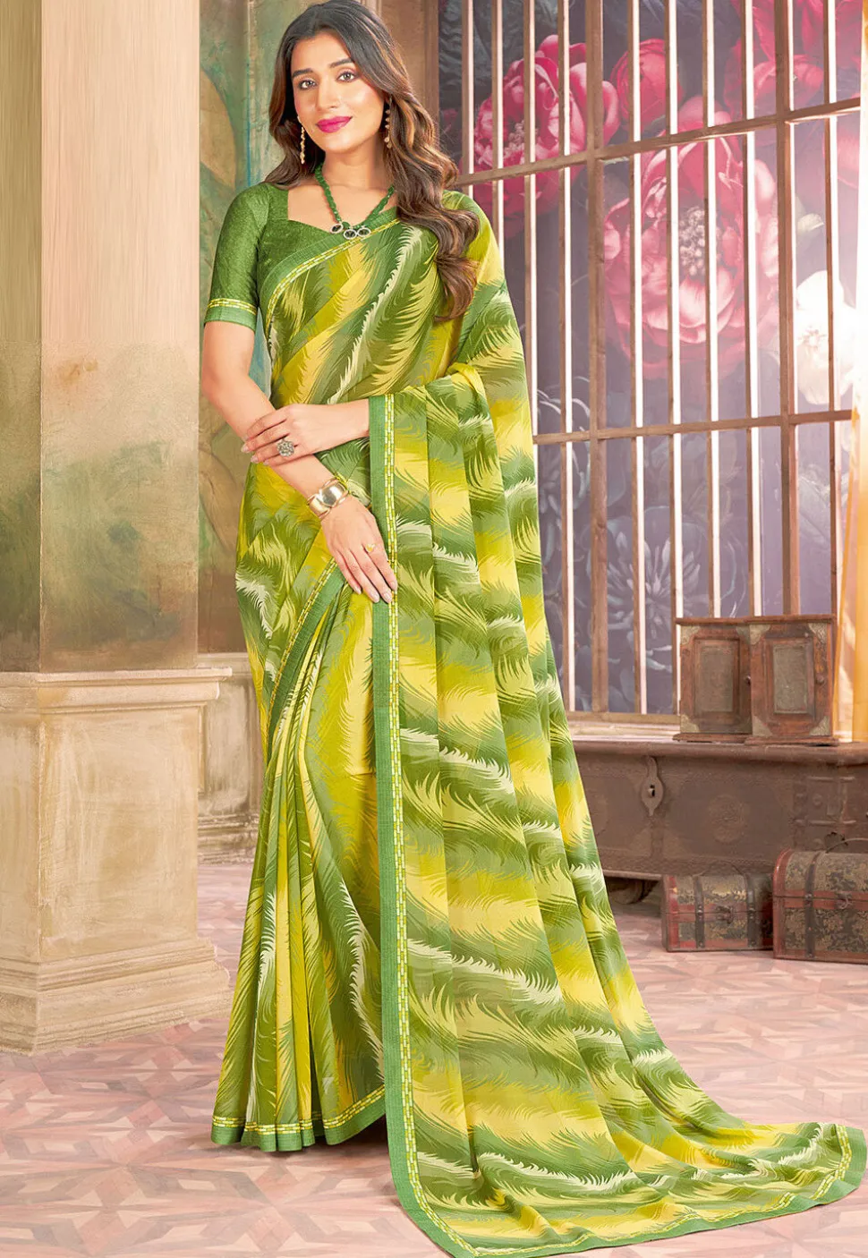 Digital Printed Georgette Saree in Light Green