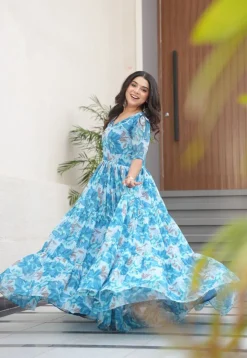 Digital Printed Georgette Tiered Gown in Blue