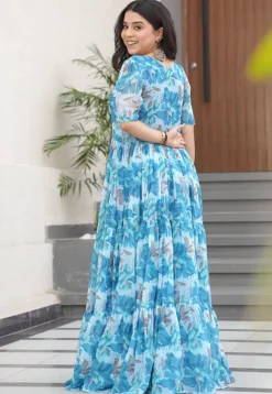 Digital Printed Georgette Tiered Gown in Blue