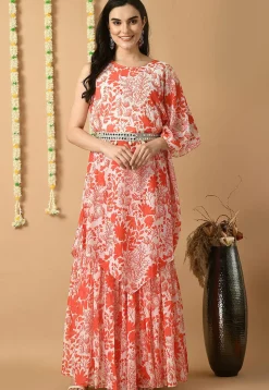 Digital Printed Georgette Tunic Set in Off White