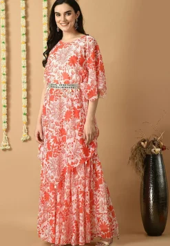 Digital Printed Georgette Tunic Set in Off White