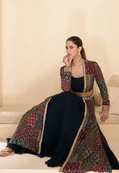 Digital Printed Georgette Gown in Navy Blue