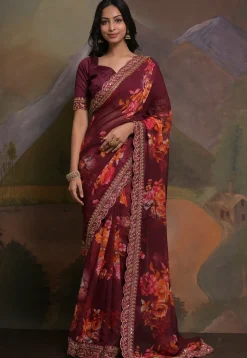 Digital Printed Georgette Scalloped Saree in Wine