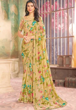 Digital Printed Georgette Saree in Beige