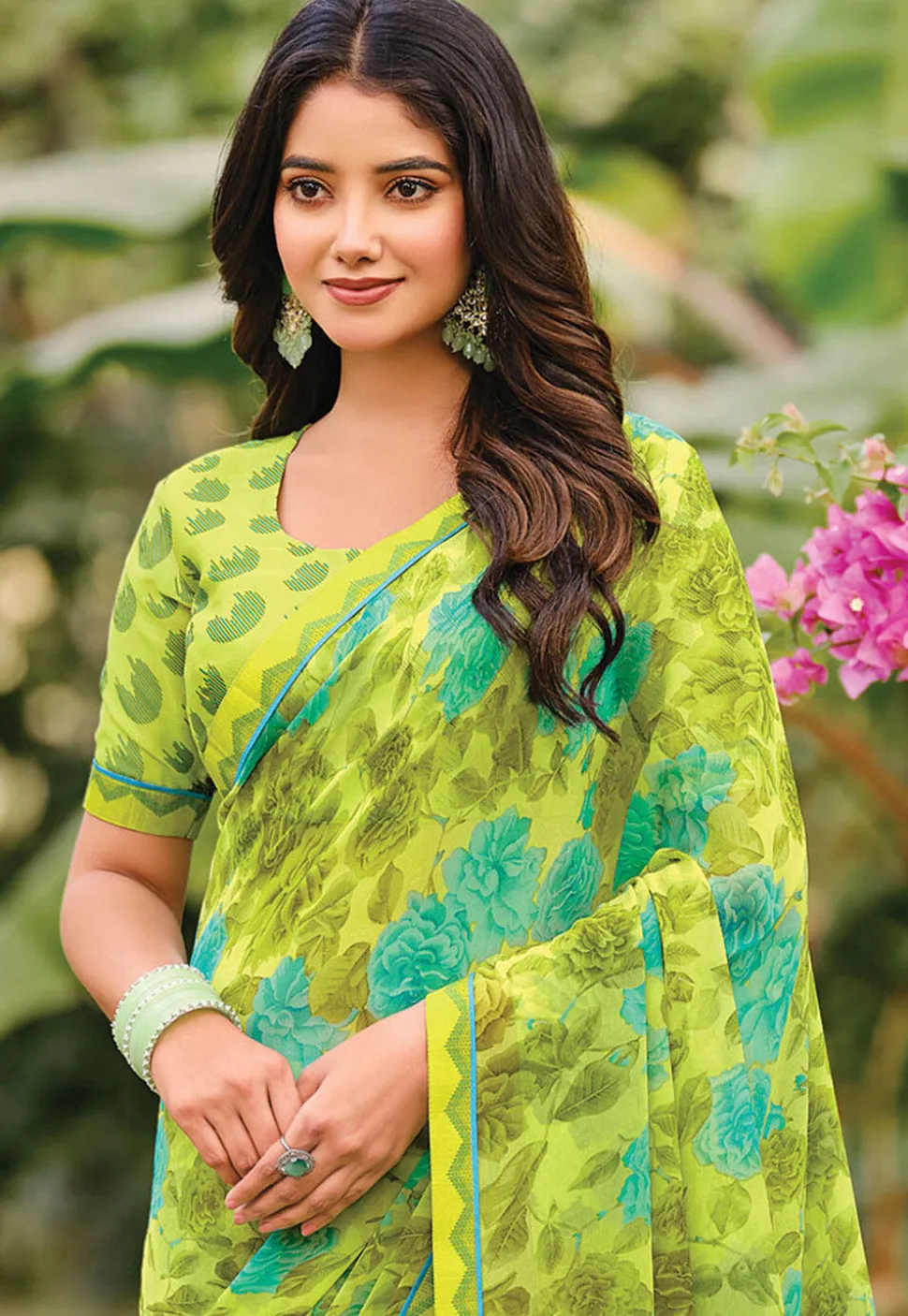 Digital Printed Georgette Saree in Light Green