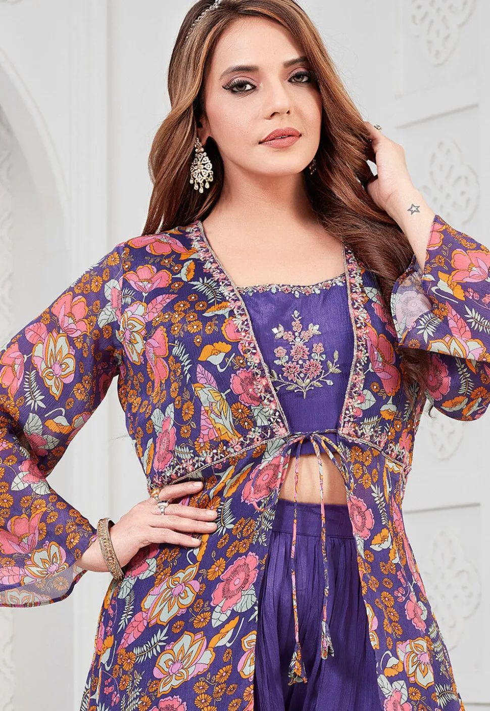 Digital Printed Georgette Crop Top Set in Purple