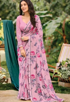 Digital Printed Georgette Saree in Pink