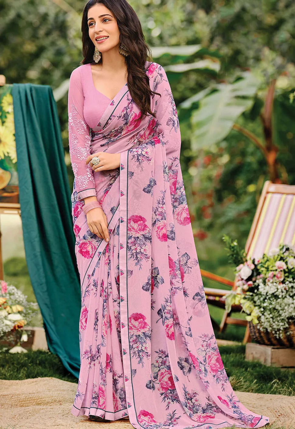 Digital Printed Georgette Saree in Pink