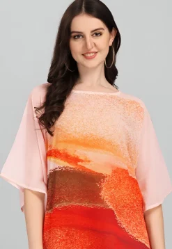 Digital Printed Georgette Kaftan in Peach and Multicolor