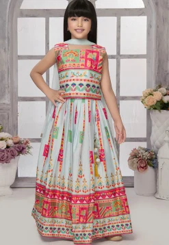 Digital Printed Georgette Lehenga in Pastel Green