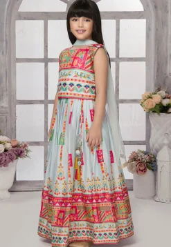 Digital Printed Georgette Lehenga in Pastel Green