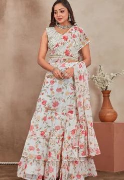 Digital Printed Georgette Lehenga in Off White