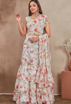 Digital Printed Georgette Lehenga in Off White