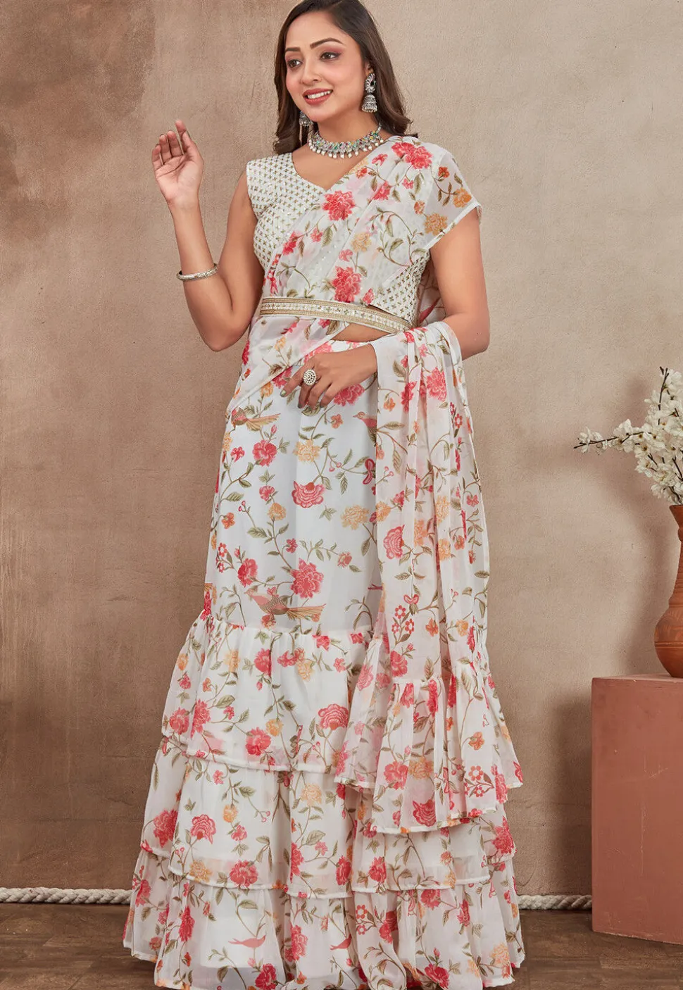 Digital Printed Georgette Lehenga in Off White