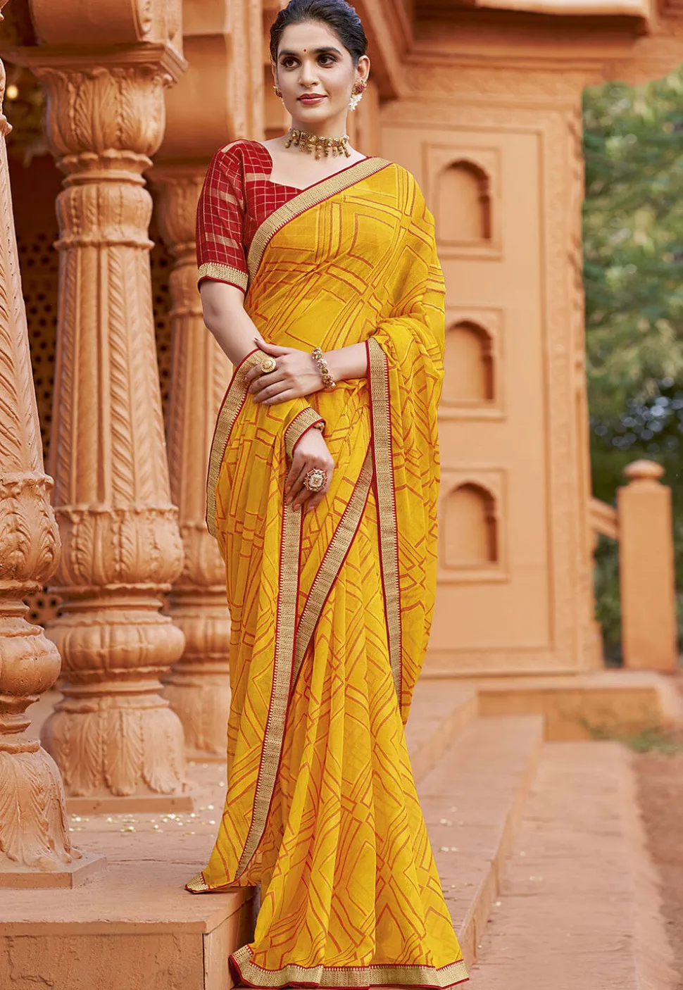 Digital Printed Georgette Saree in Yellow