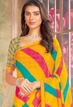 Digital Printed Georgette Saree in Mustard