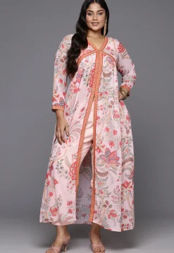 Digital Printed Georgette Front Slit Kurta Set in Peach