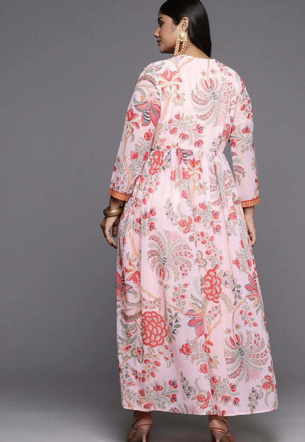Digital Printed Georgette Front Slit Kurta Set in Peach
