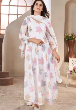Digital Printed Georgette A Line Suit in Off White