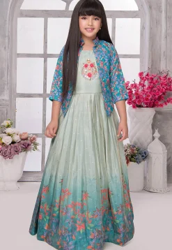 Digital Printed Georgette Gown in Sea Green