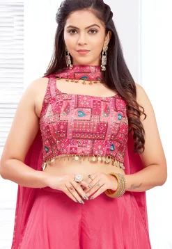Digital Printed Georgette Crop Top Set in Pink