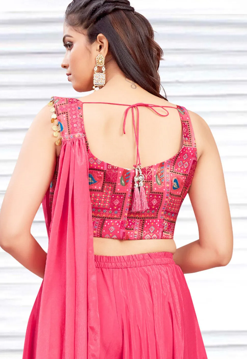 Digital Printed Georgette Crop Top Set in Pink