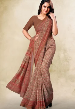 Digital Printed Georgette Saree in Cream and Brown