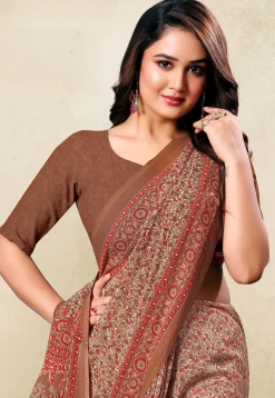 Digital Printed Georgette Saree in Cream and Brown