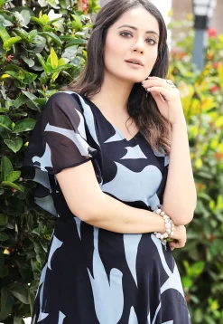 Digital Printed Georgette Maxi Dress in Navy Blue and Sky Blue