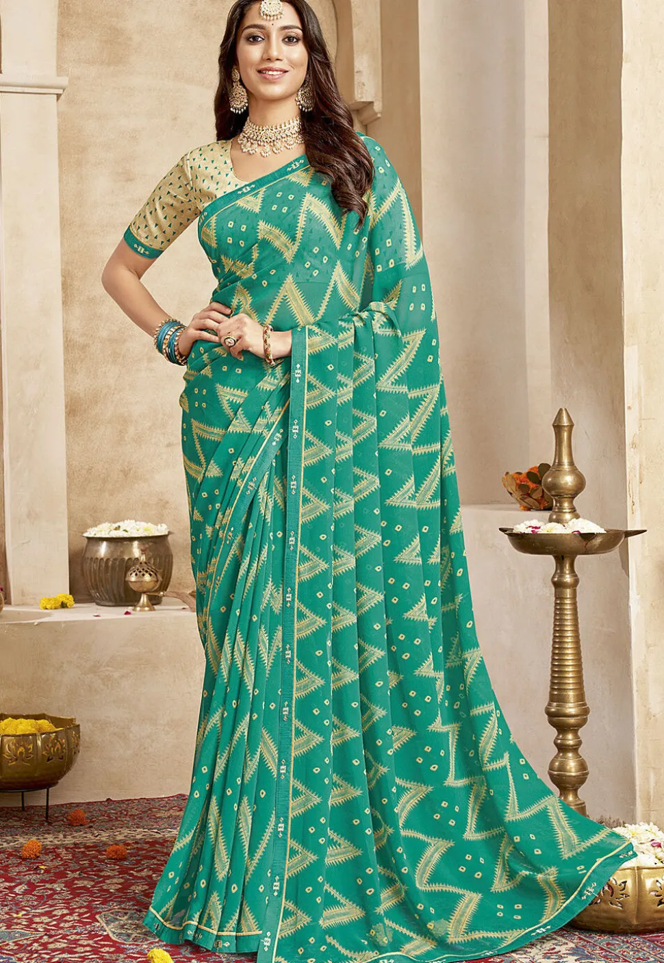 Digital Printed Georgette Saree in Teal Green