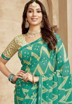 Digital Printed Georgette Saree in Teal Green