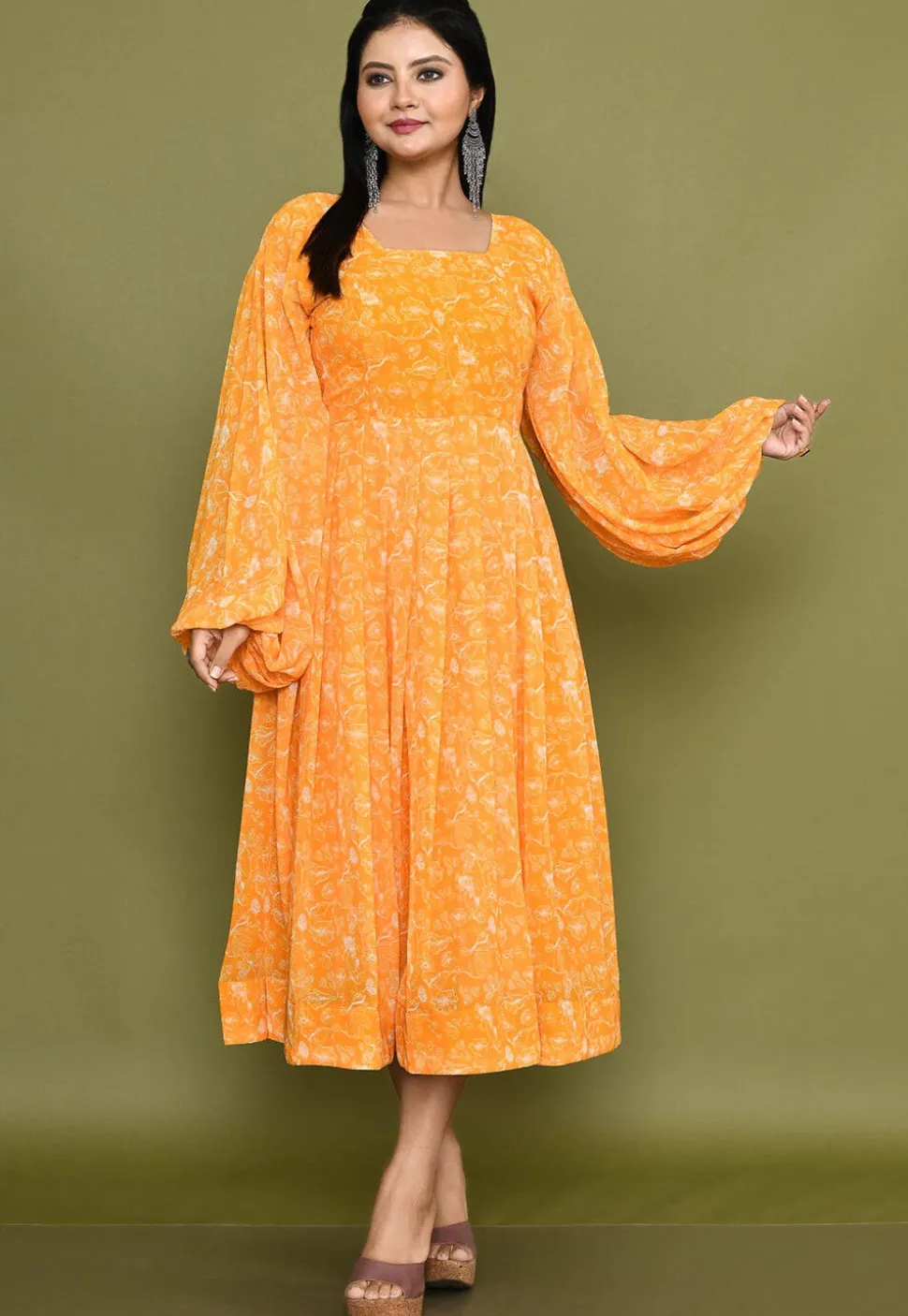 Digital Printed Georgette A Line Dress in Orange