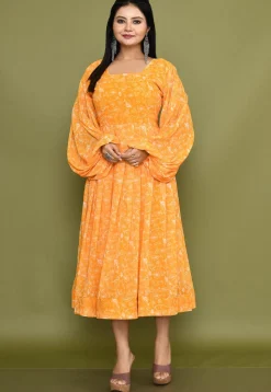 Digital Printed Georgette A Line Dress in Orange