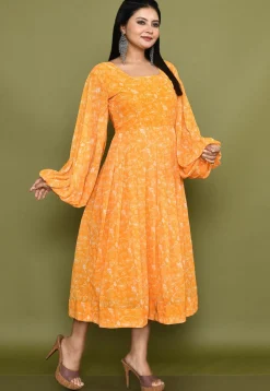 Digital Printed Georgette A Line Dress in Orange