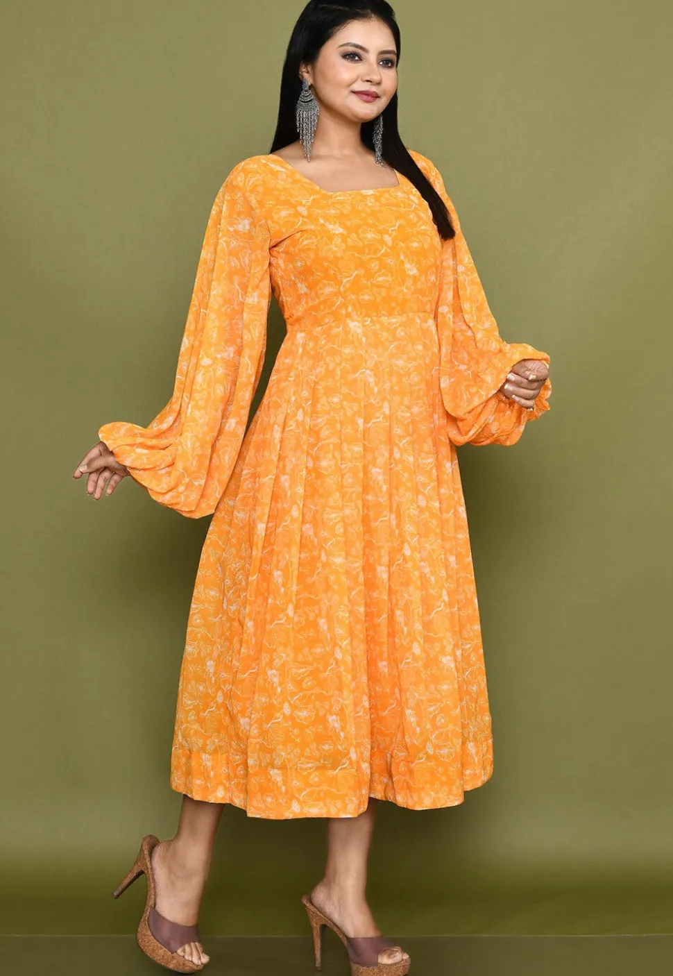 Digital Printed Georgette A Line Dress in Orange