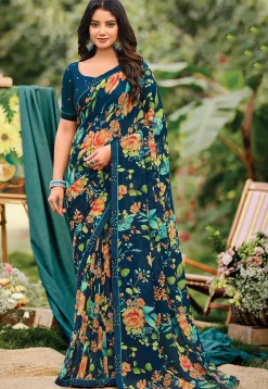 Digital Printed Georgette Saree in Teal Blue