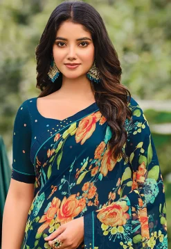 Digital Printed Georgette Saree in Teal Blue