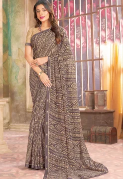 Digital Printed Georgette Saree in Brown